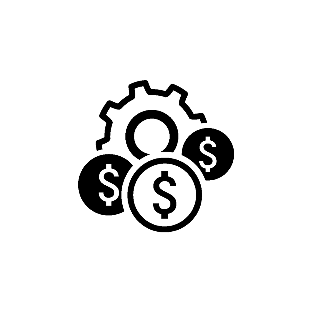 A gear cog slightly covered by icons of coins, representing cost management.